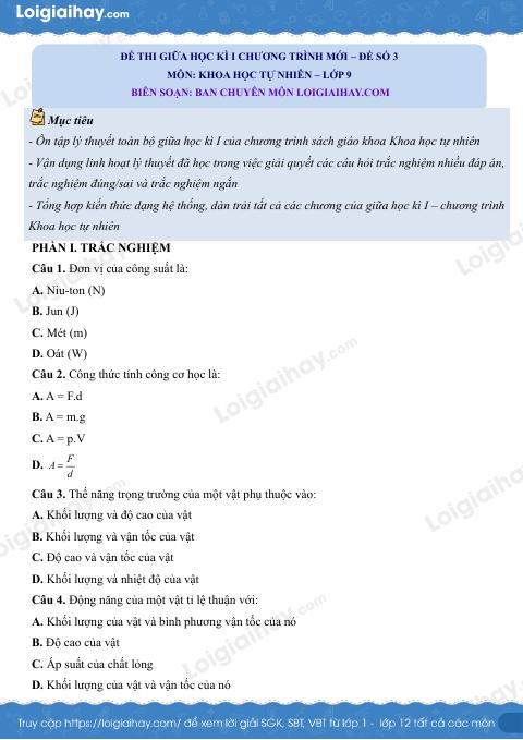 Đề thi giữa kì 1 KHTN 9 Chân trời sáng tạo - Đề số 3